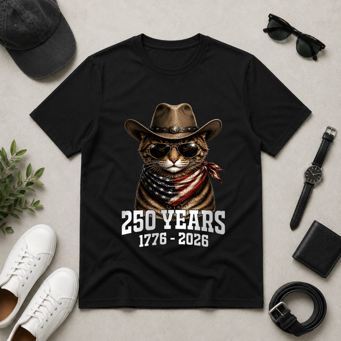 American Flag Cat Tee — 4th Of July 250th Anniversary