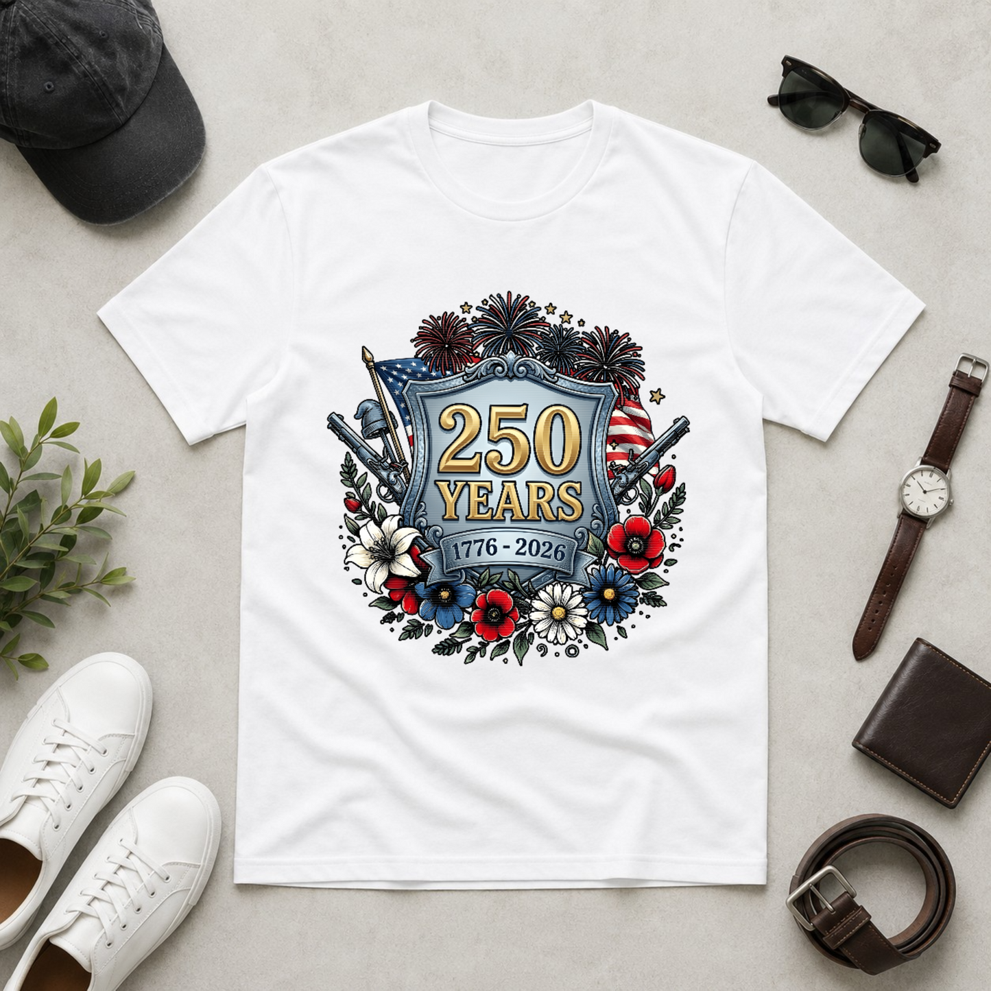 Floral Patriotic Tee — 4th Of July 250th Anniversary