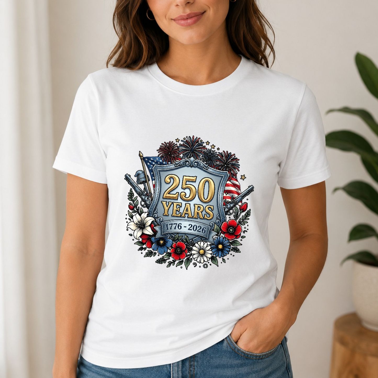 Floral Patriotic Tee — 4th Of July 250th Anniversary