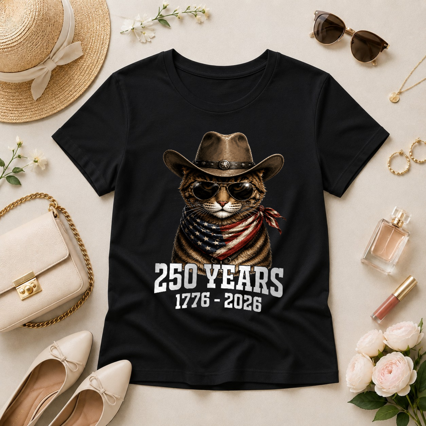 American Flag Cat Tee — 4th Of July 250th Anniversary